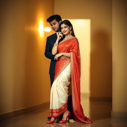 A Thai woman elegantly wearing a Cream and Red Mekhela Chadar and striking red high heels