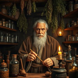 A hyperrealistic photograph of a medieval apothecary in his workshop, surrounded by an array of ancient tools and herbal ingredients