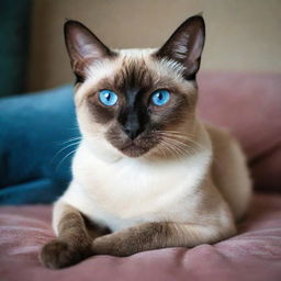 A glamorous Siamese cat with strikingly blue eyes, nestled comfortably on a luxurious velvet pillow