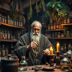 A hyperrealistic photograph of a medieval apothecary in his workshop, surrounded by an array of ancient tools and herbal ingredients