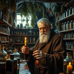 A hyperrealistic photograph of a medieval apothecary in his workshop, surrounded by an array of ancient tools and herbal ingredients