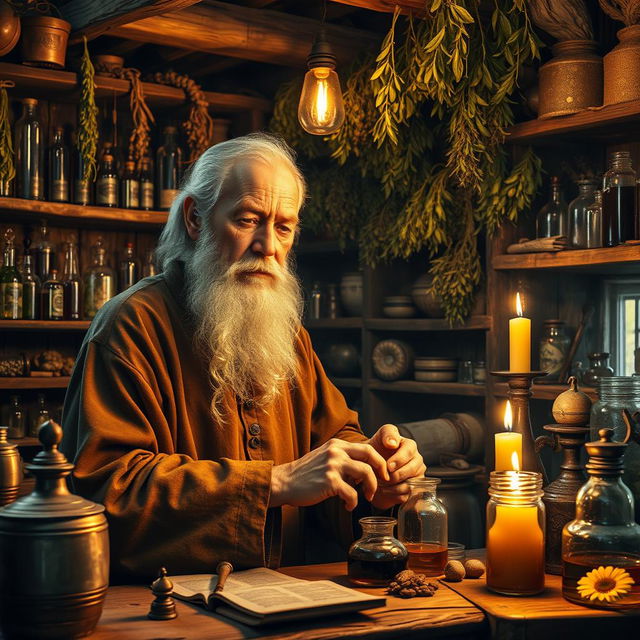 A hyperrealistic photograph of a medieval apothecary in his workshop, surrounded by an array of ancient tools and herbal ingredients