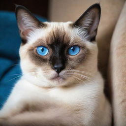 A glamorous Siamese cat with strikingly blue eyes, nestled comfortably on a luxurious velvet pillow