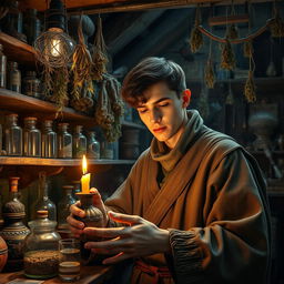 A hyperrealistic photograph of a young medieval apothecary in his workshop, surrounded by a fascinating array of ancient tools and herbal ingredients