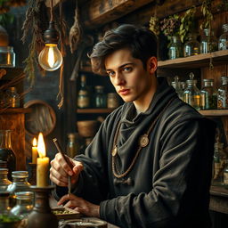 A hyperrealistic photograph of a young medieval apothecary in his workshop, surrounded by a fascinating array of ancient tools and herbal ingredients