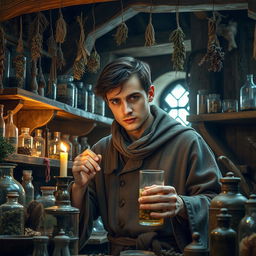 A hyperrealistic photograph of a young medieval apothecary in his workshop, surrounded by a fascinating array of ancient tools and herbal ingredients