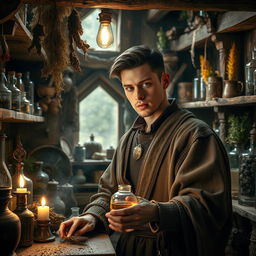 A hyperrealistic photograph of a young medieval apothecary in his workshop, surrounded by a fascinating array of ancient tools and herbal ingredients