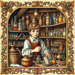 A captivating medieval illumination depicting a young apothecary in his workshop