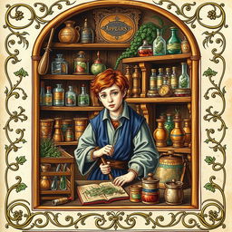 A captivating medieval illumination depicting a young apothecary in his workshop