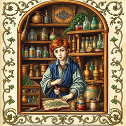 A captivating medieval illumination depicting a young apothecary in his workshop