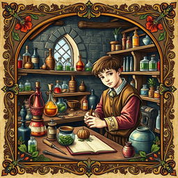 A captivating medieval illumination depicting a young apothecary in his workshop