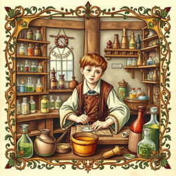 A captivating medieval illumination depicting a young apothecary in his workshop