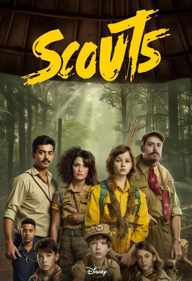 group of people in scout uniforms standing in a dense, lush forest, sunlight streaming through the trees, looking serious and adventurous, detailed scout badges, a sense of teamwork and exploration, cinematic composition, vibrant colors