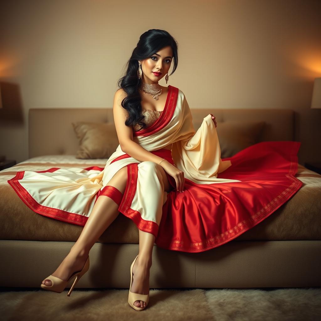 A beautiful Thai woman with an alluring presence, wearing an elegant Cream and Red Mekhela Chadar and striking high heels