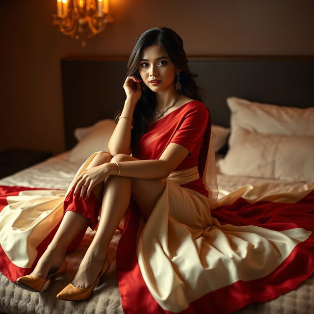 A beautiful Thai woman with an alluring presence, wearing an elegant Cream and Red Mekhela Chadar and striking high heels