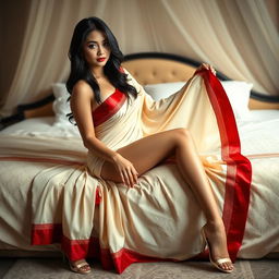 A beautiful Thai woman with an alluring presence, wearing an elegant Cream and Red Mekhela Chadar and striking high heels