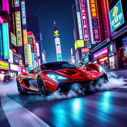 A sleek Pegassi Zentorno racing through a vibrant neon city at night