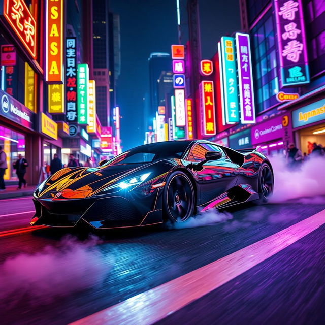 A sleek Pegassi Zentorno racing through a vibrant neon city at night