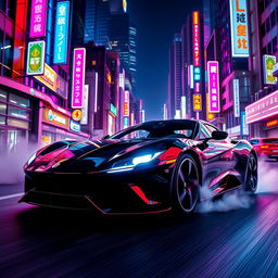 A sleek Pegassi Zentorno racing through a vibrant neon city at night