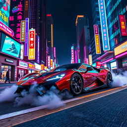 A sleek Pegassi Zentorno racing through a vibrant neon city at night