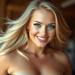 A voluptuous and beautiful woman with flowing blonde hair and captivating blue eyes