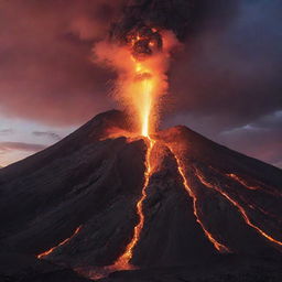 A majestic volcano erupting, spewing fiery red and orange lava against a dramatic twilight sky