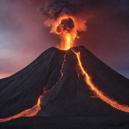 A majestic volcano erupting, spewing fiery red and orange lava against a dramatic twilight sky