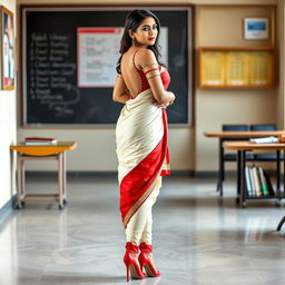 A stunning Indian teacher confidently standing, showcasing her sexy figure