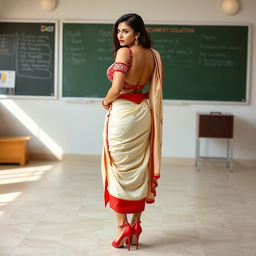 A stunning Indian teacher confidently standing, showcasing her sexy figure