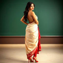 A stunning Indian teacher confidently standing, showcasing her sexy figure