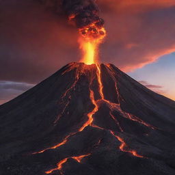 A majestic volcano erupting, spewing fiery red and orange lava against a dramatic twilight sky