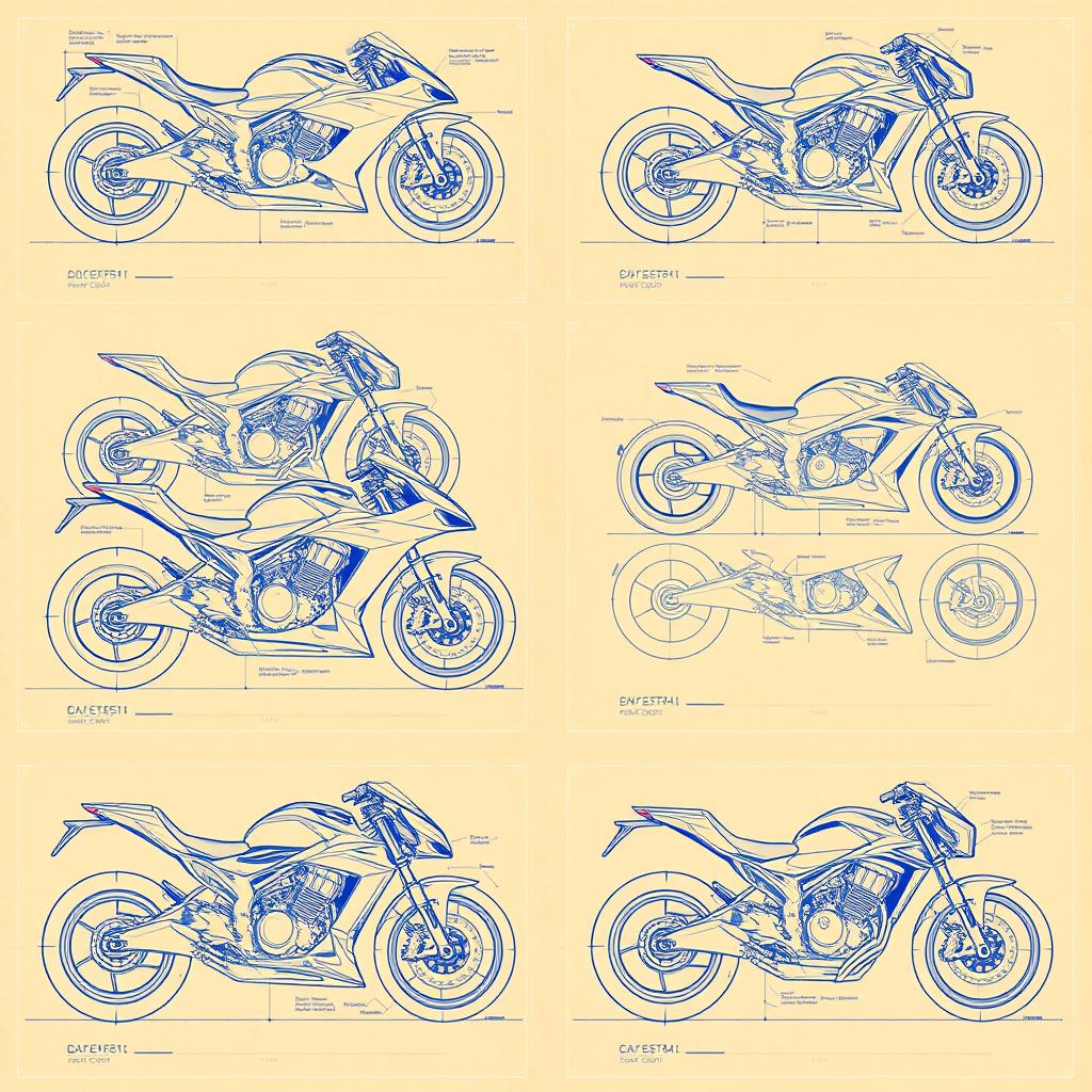 A collection of ten detailed blueprint-style illustrations showcasing diverse motorcycle concepts