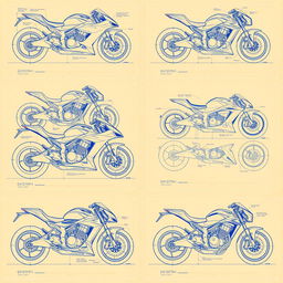 A collection of ten detailed blueprint-style illustrations showcasing diverse motorcycle concepts
