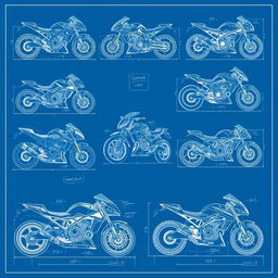 A collection of ten detailed blueprint-style illustrations showcasing diverse motorcycle concepts