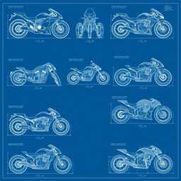 A collection of ten detailed blueprint-style illustrations showcasing diverse motorcycle concepts