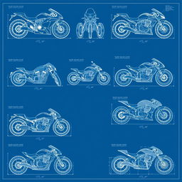 A collection of ten detailed blueprint-style illustrations showcasing diverse motorcycle concepts