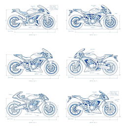 A collection of ten detailed blueprint-style illustrations showcasing diverse motorcycle concepts