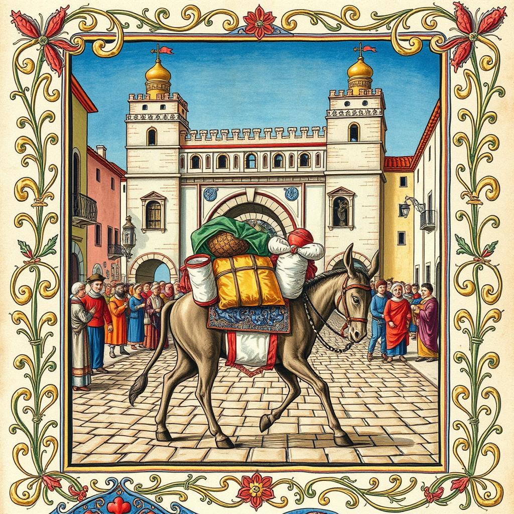 A beautifully detailed medieval illumination depicting a loaded donkey traversing the historic Porta Soprana in Genoa