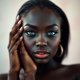 A captivating portrait of a dark-skinned woman with striking blue eyes, full lips, a petite nose, and prominently large breasts