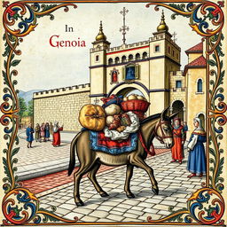 A beautifully detailed medieval illumination depicting a loaded donkey traversing the historic Porta Soprana in Genoa