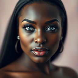 A captivating portrait of a dark-skinned woman with striking blue eyes, full lips, a petite nose, and prominently large breasts