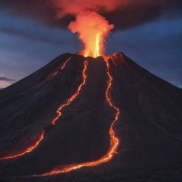 A majestic volcano erupting, spewing fiery red and orange lava against a dramatic twilight sky