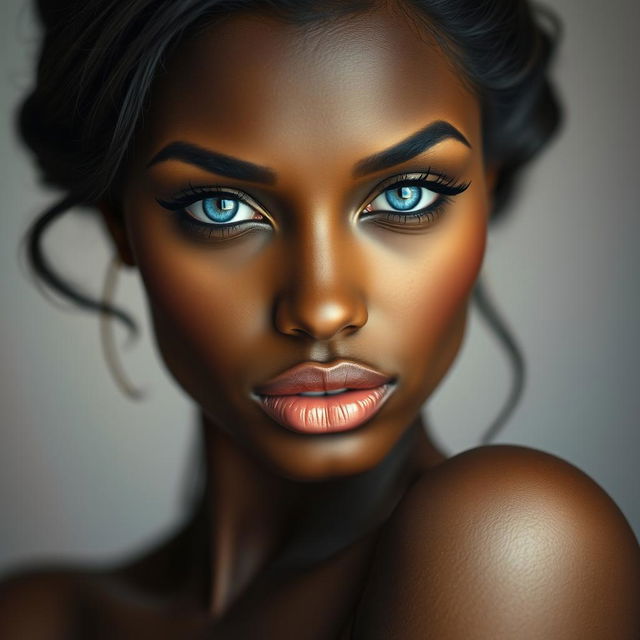 A captivating portrait of a dark-skinned woman with striking blue eyes, full lips, a petite nose, and prominently large breasts