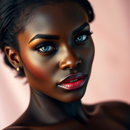 A captivating portrait of a dark-skinned woman with striking blue eyes, full lips, a petite nose, and prominently large breasts