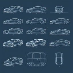 A series of ten detailed blueprint-style sketches showcasing various car body designs