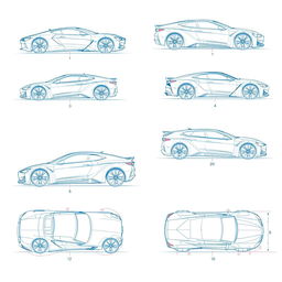 A series of ten detailed blueprint-style sketches showcasing various car body designs