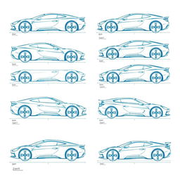 A series of ten detailed blueprint-style sketches showcasing various car body designs