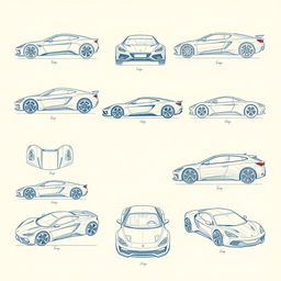 A series of ten detailed blueprint-style sketches showcasing various car body designs