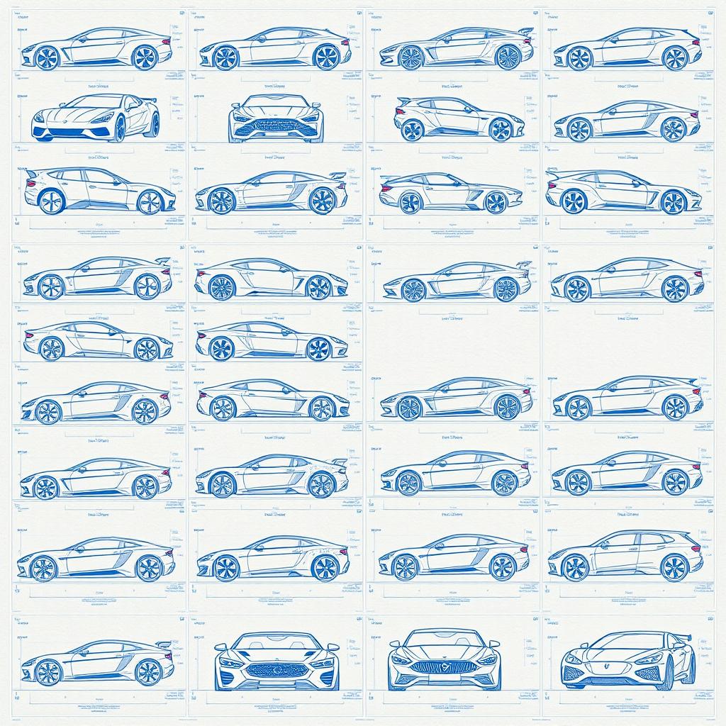 A series of thirty intricately designed blueprint sketches showcasing a wide variety of car body models