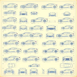 A series of thirty intricately designed blueprint sketches showcasing a wide variety of car body models